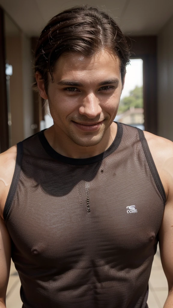 Very handsome man, 29yo, dark brown hair, Wear, Consultation, running, Wearing, smile, sweaty, realphoto