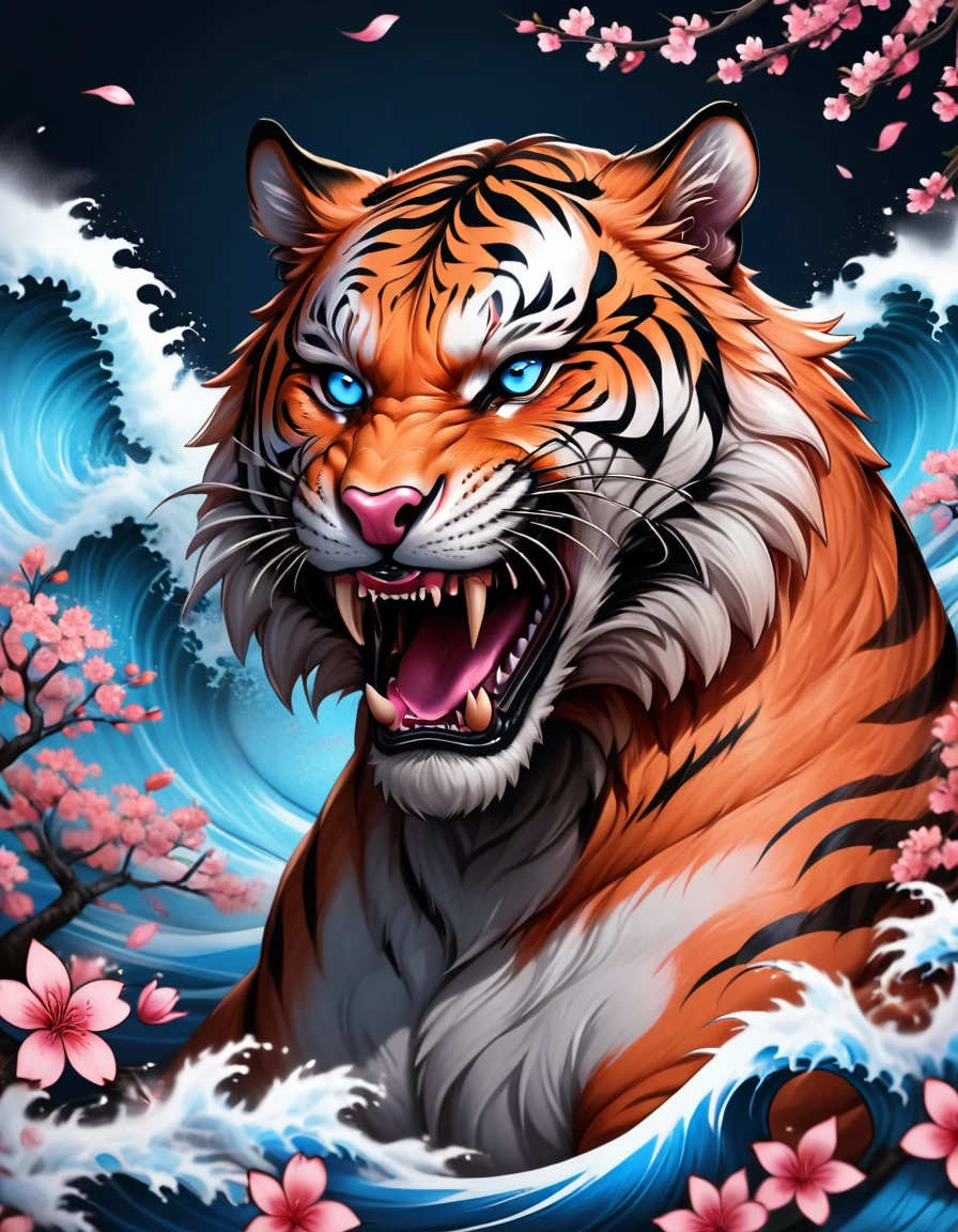 Traditional Japanese tattoo, realistic tattoo art of Orange tiger with (((Blue eyes))) with pink sakura petal effect ,he is with open mouth looking very fierce and angry, the background is Japanese wave tattoo, (Unity 16K Wallpaper, masterpiece, Best Quality, high quality, Ultra-detailed, extremely details), a tattoo design, realistic tattoo art of Orange tiger with (((Blue eyes))) with pink sakura petal effect ,he is with open mouth looking very fierce and angry, the background is Japanese wave tattoo, upper arm tattoo,
