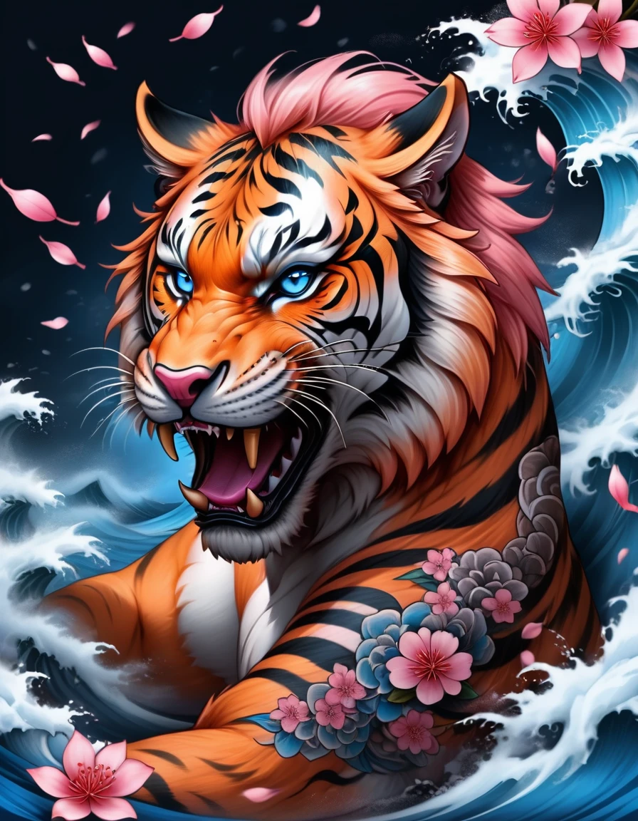 Traditional Japanese tattoo, realistic tattoo art of Orange tiger with (((Blue eyes))) with pink sakura petal effect ,he is with open mouth looking very fierce and angry, the background is Japanese wave tattoo, (Unity 16K Wallpaper, masterpiece, Best Quality, high quality, Ultra-detailed, extremely details), a tattoo design, realistic tattoo art of Orange tiger with (((Blue eyes))) with pink sakura petal effect ,he is with open mouth looking very fierce and angry, the background is Japanese wave tattoo, upper arm tattoo,
