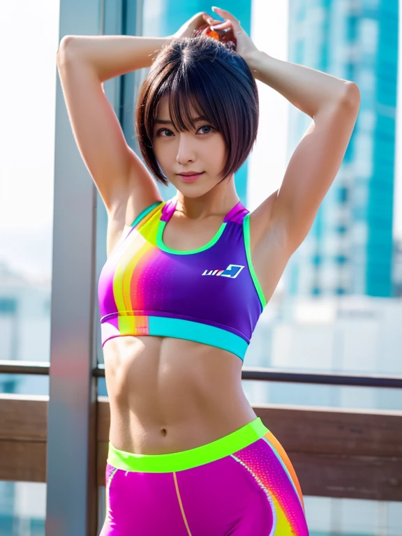 Best quality 8k resolution Ultra detailed Bright neon colored competition sportswear Serious facial expression Cute girl Abs Arms up Very short hair High waisted tights Flat chest Japanese Sharp focus Track and field club Very short hair 27 years old Sweating