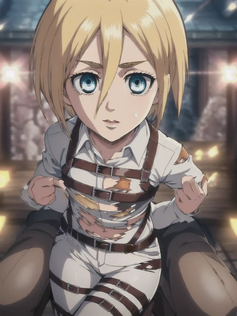 software, (Hair loss:1.4), (Torn clothes:1.4), upright, From below, Zoom out, whole body, Long legs, history_lease, Long Hair, history, Krista Lentz, ((small chest)), , Blonde, blue eyes, Hair between the eyes, Official Art, Jacket, brown Jacket, Symbolism, belt, Thigh straps, pants, white pants, boots, shirt, white shirt, collared shirt, Shine目, Perfect Eyes, Glowing Eyes, Tight waist, Wide Hips, Dynamic Angle, Dynamic pose, 笑face, have confidence, Conceit, Focus on your audience, Pink Lips, Long eyelashes, Cowboy Shot, chestの谷間, Lips parted, (masterpiece, Highest quality, Shine光, Shine, Shine肌, Super detailed, Detailed Background, Complex background), (perfect face, detailed face, Detailed eyes,Perfect hands,Perfect Fingers), ((8k wallpaper)), beautiful指, beautiful体, beautifulキャラクターデザイン, perfect face, Perfect balance, extremely detailed CG unity 8k wallpaper, Perfect lighting, colorful, bright_front_face_Lighting, (masterpiece:1.0),(Highest_quality:1.0), 超High resolution,4K,Very detailed, photograph, 8k, High resolution, Absurd:1.2, 400 for Kodak Port, Blurred Background, Bokeh, Lens flare, プロのphotograph, (Vibrant_color:1.2),(beautiful_face:1.2), 2D, anime, In the medieval town, chest, Harness, alone, One girl, Slim figure, Soft Skin, color白, notably Long eyelashes, (Tight clothing)