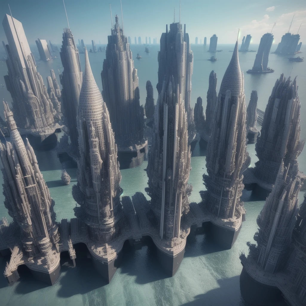 (high quality,Masterpiece,Extremely detailed,3d,8k:1.2) ,Future City,Surreal,Several warships in the air