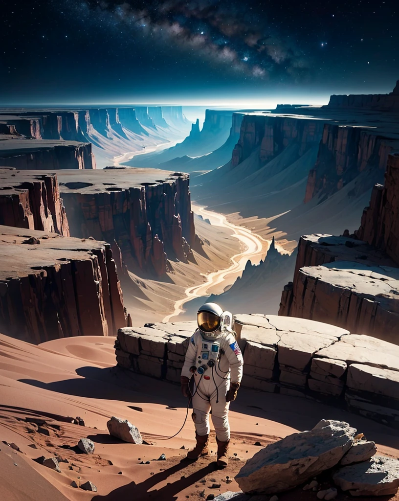 An astronaut stands at the edge of an imposing canyon on Mars, looking into the abyss that stretches out before him. The scene is set at night, illuminated by the stars and the faint glow of the planet. The canyon, with its steep and rugged walls, appears insurmountable, and the astronaut, in his spacesuit, screams into the void, expressing a mix of wonder and frustration. The Martian landscape is dotted with rocks and shadows, creating an atmosphere of mystery and challenge.