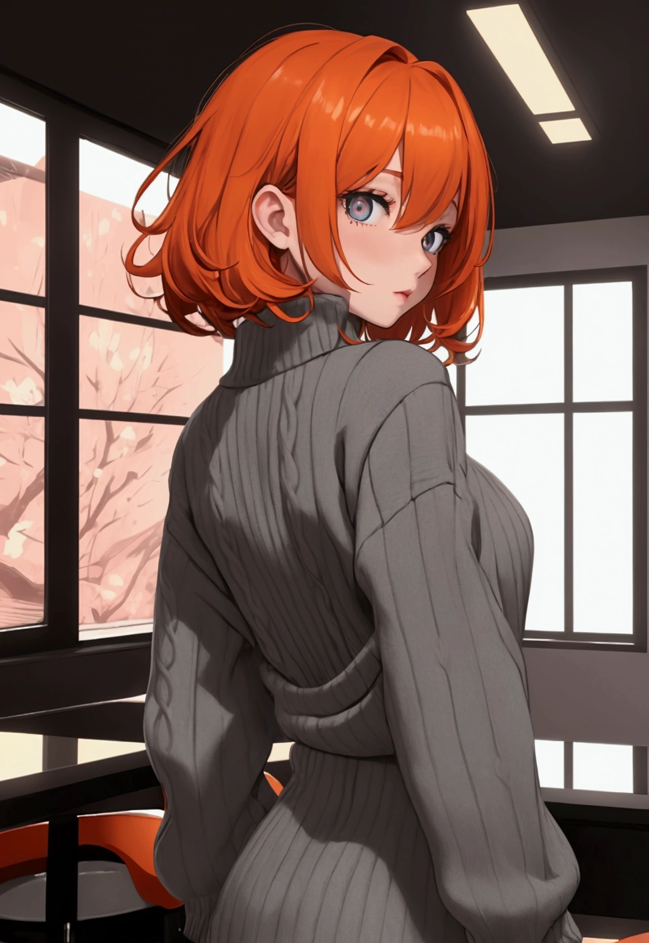 (8k hd, work of art, best qualityer, high qualiy, absurderes, ultra detali,face detailed,detailed back ground),perfect lighting, 1 girl, frontal image, McGingerMom,hair orange,Breasts huge,niplles,Bobcut,(eyes black:1.25), white pupils,cowboy shot, Inside the house,McDonald's:(gray sweater:1.2),clothes lift,no back ground, ,pubic-hair