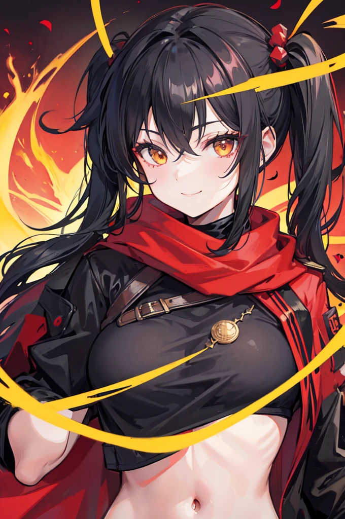 black side ponytail, stupid hair, portrait, passionate, girl, confident smile, golden eyes, red cloth scarf, B cup, Black Jacket, hero
