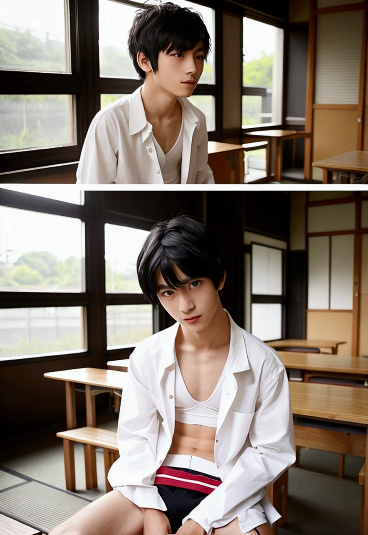 One boy、Beautiful Boy、18-year-old、Japanese Boy、Beautiful Boy、Black Hair、classroom、White underwear、Change of clothes