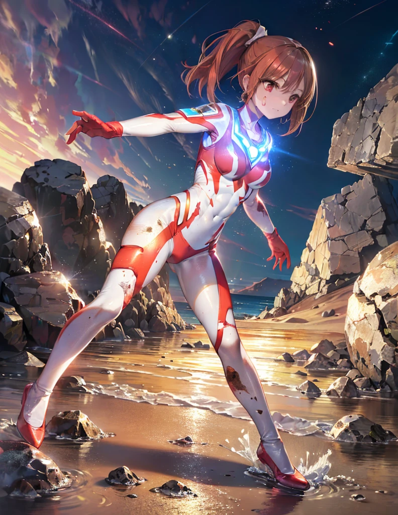 (Close-up:1.2),Realistic,Highest quality, Ultra Detail, High-quality CG rendering, The most delicate and beautiful, Floating softly, High resolution, (1 giant girl), (Highest quality,4K,8k,masterpiece:1.2),(All red hair:1.5), (ponytail:1.5),(Red eyes:1.5), (Ultra Girl:1.0), (All red Ultraman bodysuit:1.4),(Do not expose your skin:1.6),(Slightly larger breasts:1.5),(Red gloves:1.3),(Red Shoes:1.3),(whole body:1.3),(Are standing:1.3),(Plain surrounded by rocks:1.3),(Brown sandy ground:1.3),(Fighting Pose:1.3),(sweating:1.3),(Wounded:1.3),(Brown mud stains:1.3),(front:1.4),(Good abs:1.4)