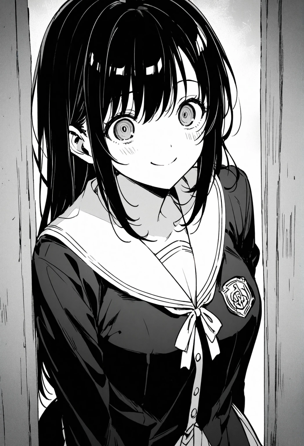black hair.high school girl, yandere. tall,smile、whole body、surprise、monochrome、Black and White、