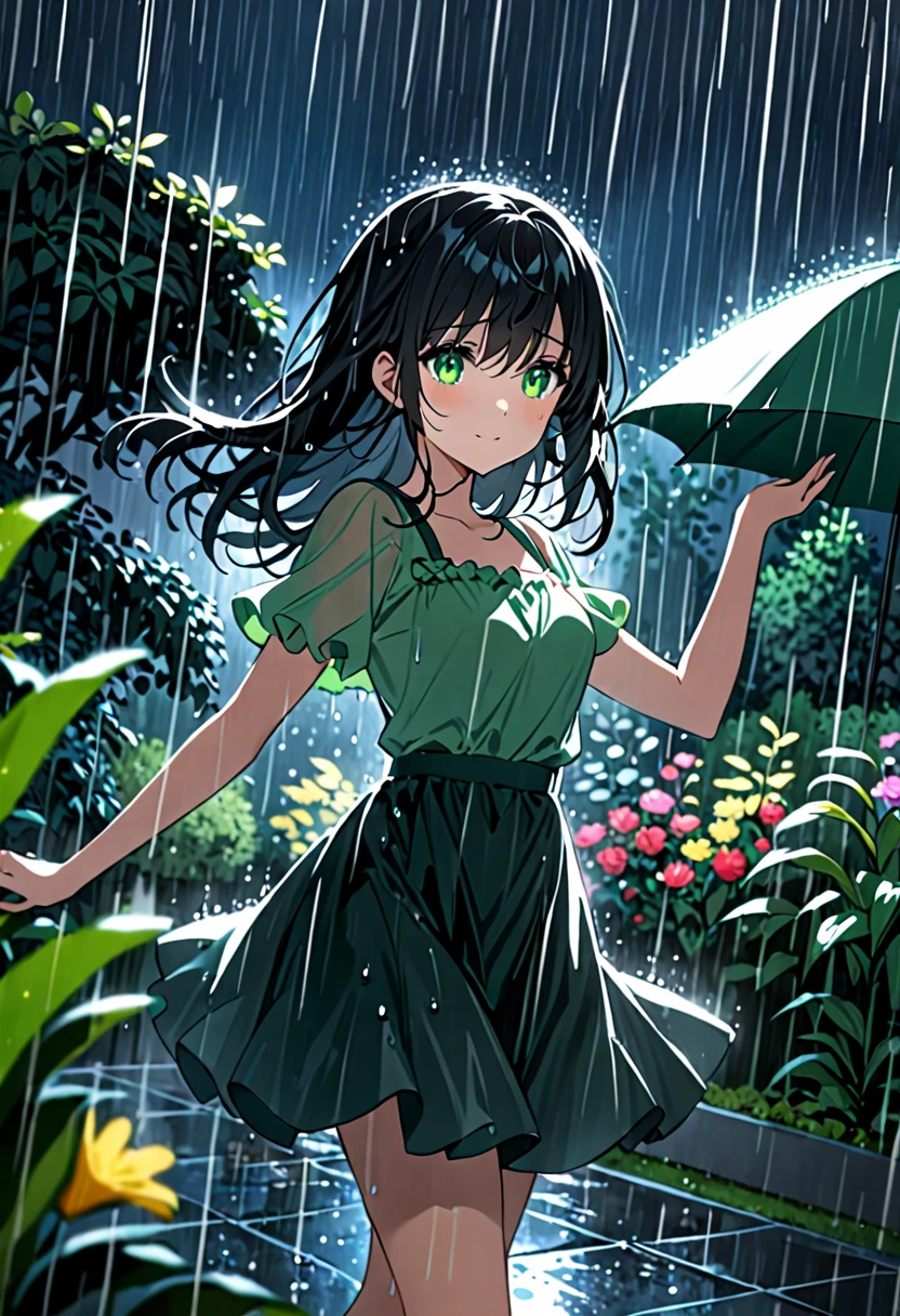 A girl with black hair and green eyes dancing in the rain at night.
In a garden