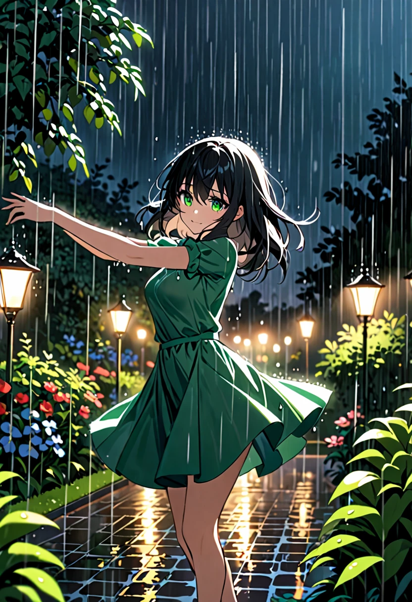 A girl with black hair and green eyes dancing in the rain at night.
In a garden