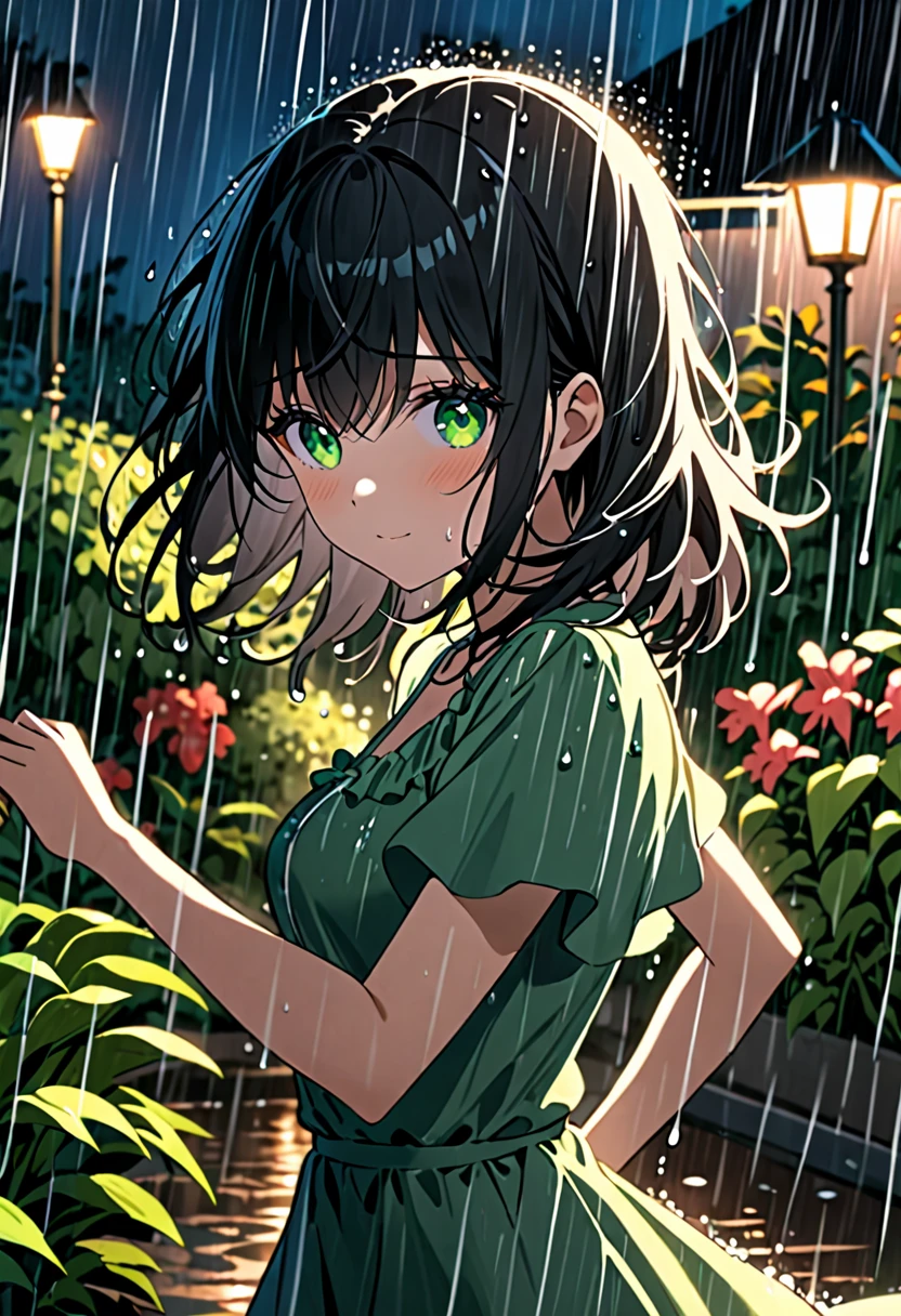A girl with black hair and green eyes dancing in the rain at night.
In a garden