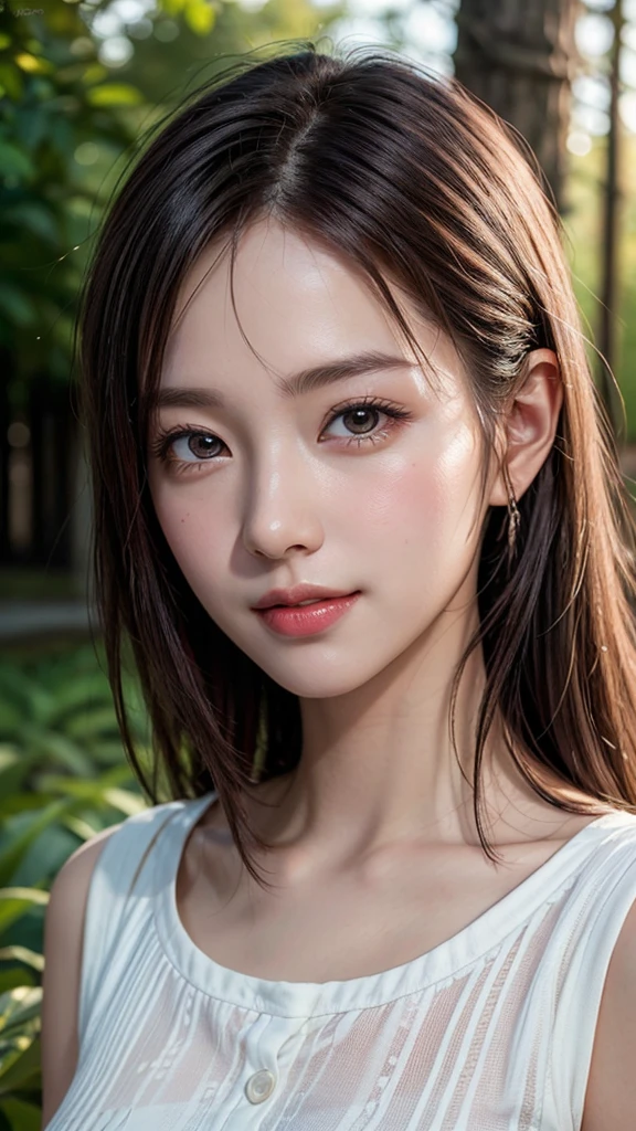 1girl in, Extremely cute, Amazing face and eyes, (Beautiful lovely smile), (extremely detailed beautiful face), bright and shiny lips, Sexy look, Keep staring at me, Smooth skin, Super beautiful, Attractive, (Best Quality:1.4), (hyper quality), (Ultra-detailed), (Hyper-realistic, Photorealsitic:1.37), Authentic skin texture, intricate-detail, extremely detailed CG unified 8k wallpaper, RAW Photos, professional photograpy, Cinematic lighting, ), Forests, Forests, the setting sun)),
