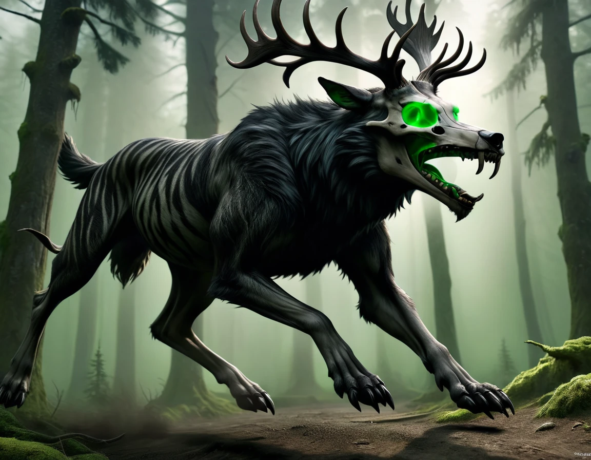 full body portrait of realistic big black beast, feral, side view, running motion, long legs, four legged, wolf tiger deer bear hybrid skull face, twisted horns, twisted antlers, tiger, deer, wolf, wendigo, bear, hybrid body with beryl green eyes, beryl green smoke from mouth, dark mysterious forest scenery, full body, cinematic, render, 8k, unreal engine, realistic, masterpiece, high detail, full body, low life, extremely intricate, extreme detail, volumetric lighting