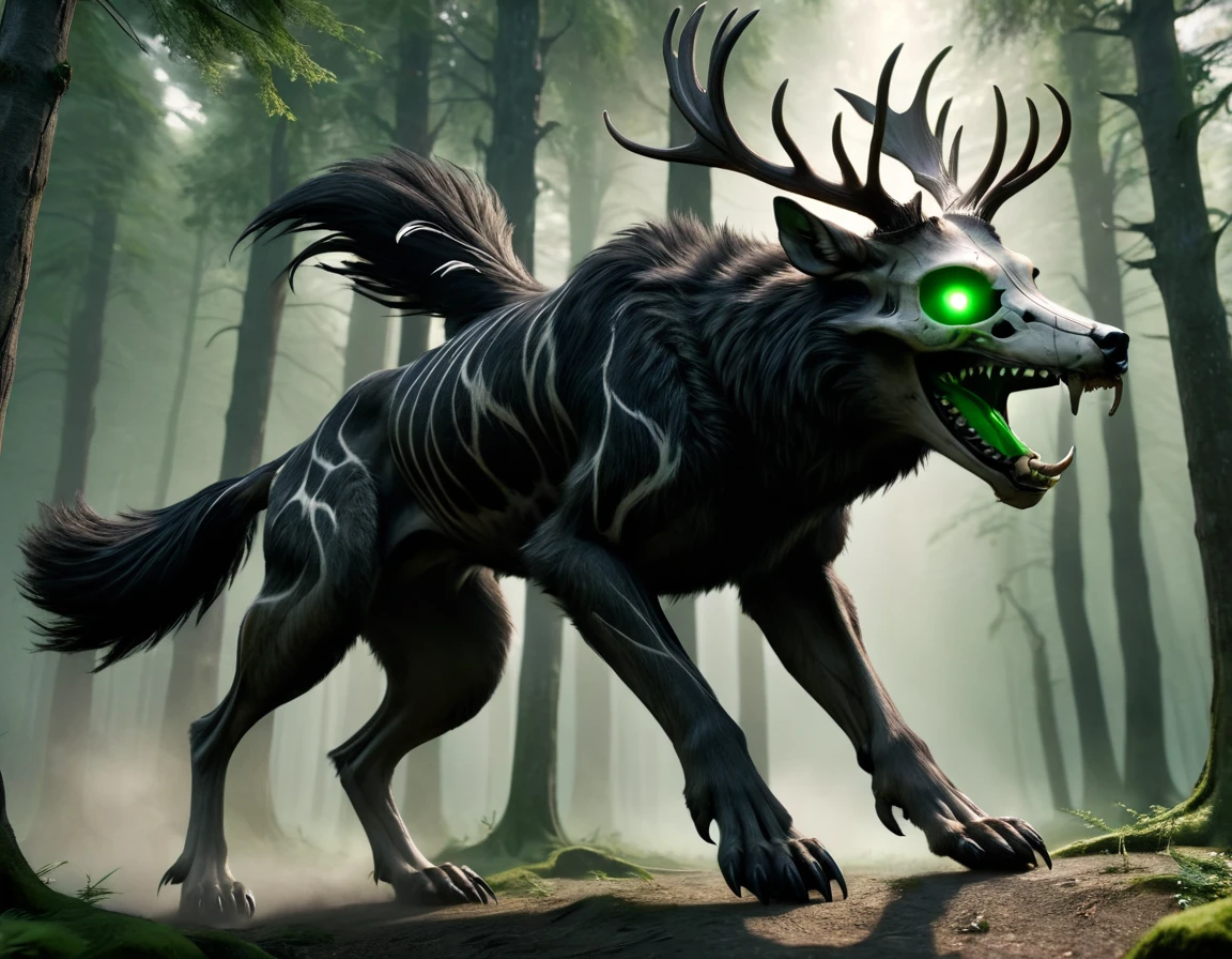 full body portrait of realistic big black beast, feral, side view, running motion, long legs, four legged, wolf tiger deer bear hybrid skull face, twisted horns, twisted antlers, tiger, deer, wolf, wendigo, bear, hybrid body with beryl green eyes, beryl green smoke from mouth, dark mysterious forest scenery, full body, cinematic, render, 8k, unreal engine, realistic, masterpiece, high detail, full body, low life, extremely intricate, extreme detail, volumetric lighting