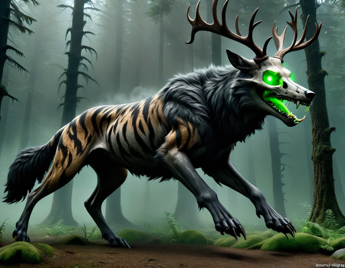 full body portrait of realistic big black beast, feral, side view, running motion, long legs, four legged, wolf tiger deer bear hybrid skull face, twisted horns, twisted antlers, tiger, deer, wolf, wendigo, bear, hybrid body with beryl green eyes, beryl green smoke from mouth, dark mysterious forest scenery, full body, cinematic, render, 8k, unreal engine, realistic, masterpiece, high detail, full body, low life, extremely intricate, extreme detail, volumetric lighting