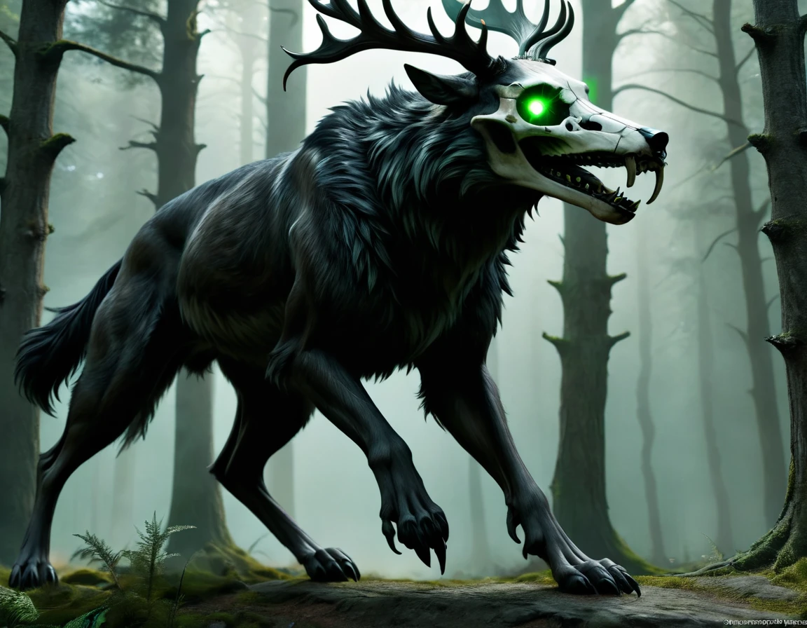 full body portrait of realistic big black beast, feral, side view, running motion, long legs, four legged, wolf tiger deer bear hybrid skull face, twisted horns, twisted antlers, tiger, deer, wolf, wendigo, bear, hybrid body with beryl green eyes, beryl green smoke from mouth, dark mysterious forest scenery, full body, cinematic, render, 8k, unreal engine, realistic, masterpiece, high detail, full body, low life, extremely intricate, extreme detail, volumetric lighting