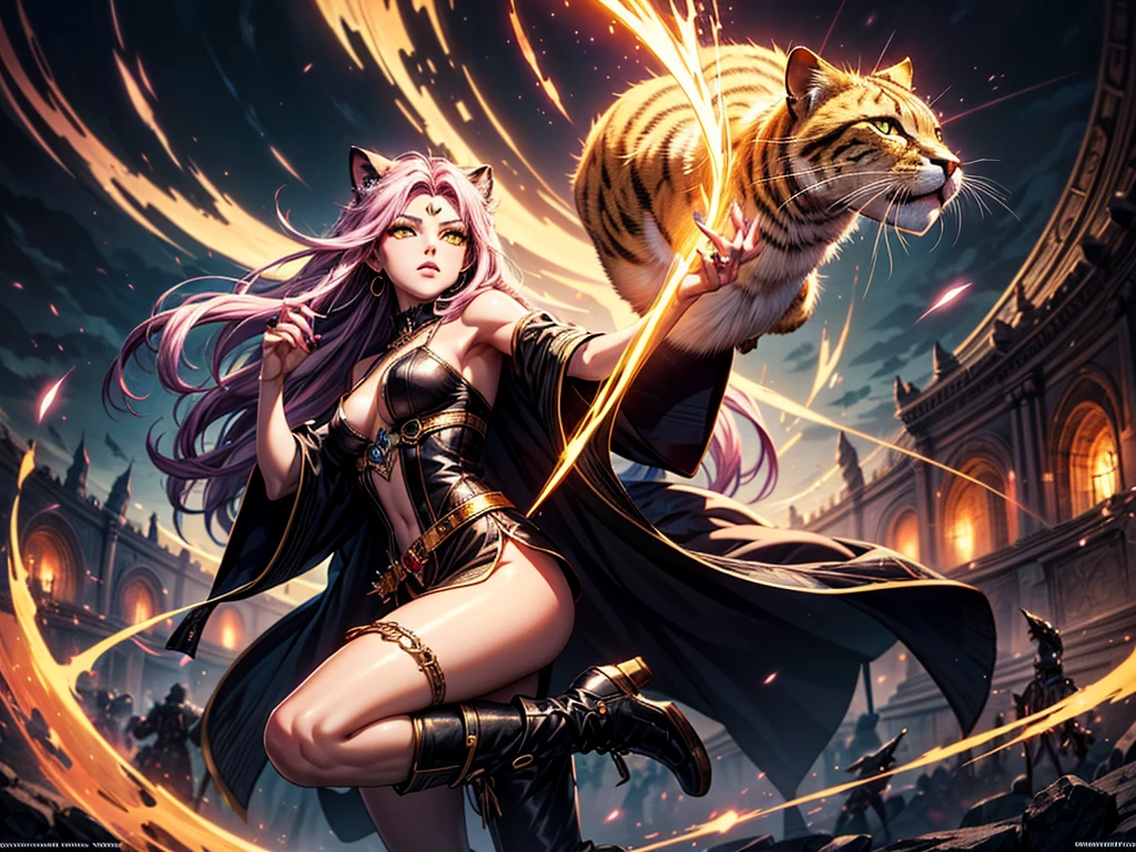 There is lost coliseum there stand female lioness in battle stance, she have ebony colour skin beautiful yellow cat eyes dark gold eyeshadows make up, ring style earrings, her hair is purple with pink highlights . she dressed in white neather topic with golden parts on countures also short and white leather straps on her cat legs instead of boots, her hands have hude ruby claws on her fingers, (ultra high quality fantasy art, dark fantasy style, masterpiece, ultra high quality character design, 8k quality anime art, realistic anime art, top quality wallpaper illustration, detailed ultra high quality accurate face, high quality design and accurate physic