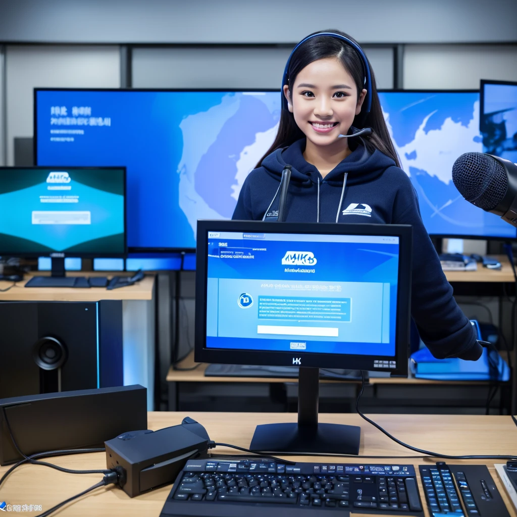 Photography image of an Indonesian female customer service person wearing a black wireless mic, wearing a blue hoodi, Radiant face, smile. Background view in a spacious studio, several monitor screens. Realistic, ultra hd 24k, stand full body view.