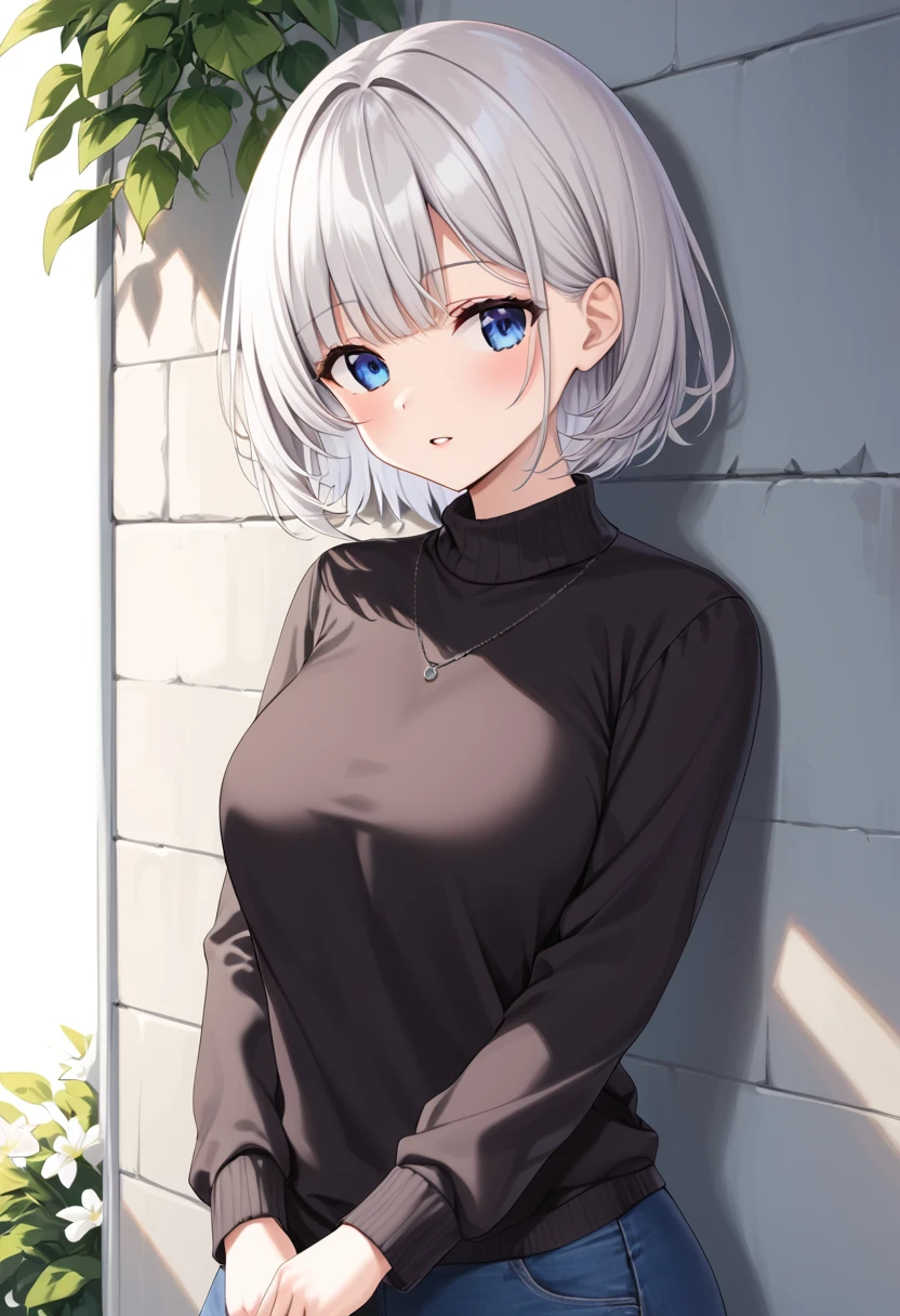Blonde woman with blue eyes and a black sweater leaning against a wall, Short white hair, white hair color, Messy wavy white hair, short bob white hair, Medium length white hair, White shorthair, Gray-haired lady, white fringe hair, flowy white grey hair, Silvery white hair, Gray-haired, White Hair - Blonde, Bright white hair