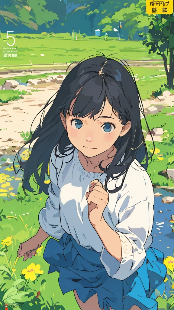 reasonable design, Clear lines, High Sharpness, (highest quality,8K,Perfect sharpness,Ultra fine,High resolution,masterpiece:1.2), Perfect Anatomy:1.5, Official Art, Illustrations that tell a story, (Whitish background:0. 9)、Body Positivity、More Mr.Physical expression、(Random and mischievous poses)、Perfect beauty、Perfect beautiful face、Strong winds、A rich expression、Dynamic composition、smile、Golden ratio composition、colorful、(Mr.Different angles and perspectives)、anime art、mini skirt、(Overcoming stereotypes)、 Glowing Skin、(Natural beauty)、smile、bangs、Straight Hair、(Soft and flowing hair)、(Rural Scenery)、(Nostalgic atmosphere)、Insert up to the thighs、(Playful and carefree)、(More Mr.Ethnic characters)、(innocent attitude)、(Sunny atmosphere)、Skirt flipped up、(Bright colors)、Belly button exposed、Beautiful Eyes、A skirt fluttering in the wind、Put it in to your feet、Some composition patterns、sensuous、Geometric pattern、emotional、Symposium cover、Angle from above、