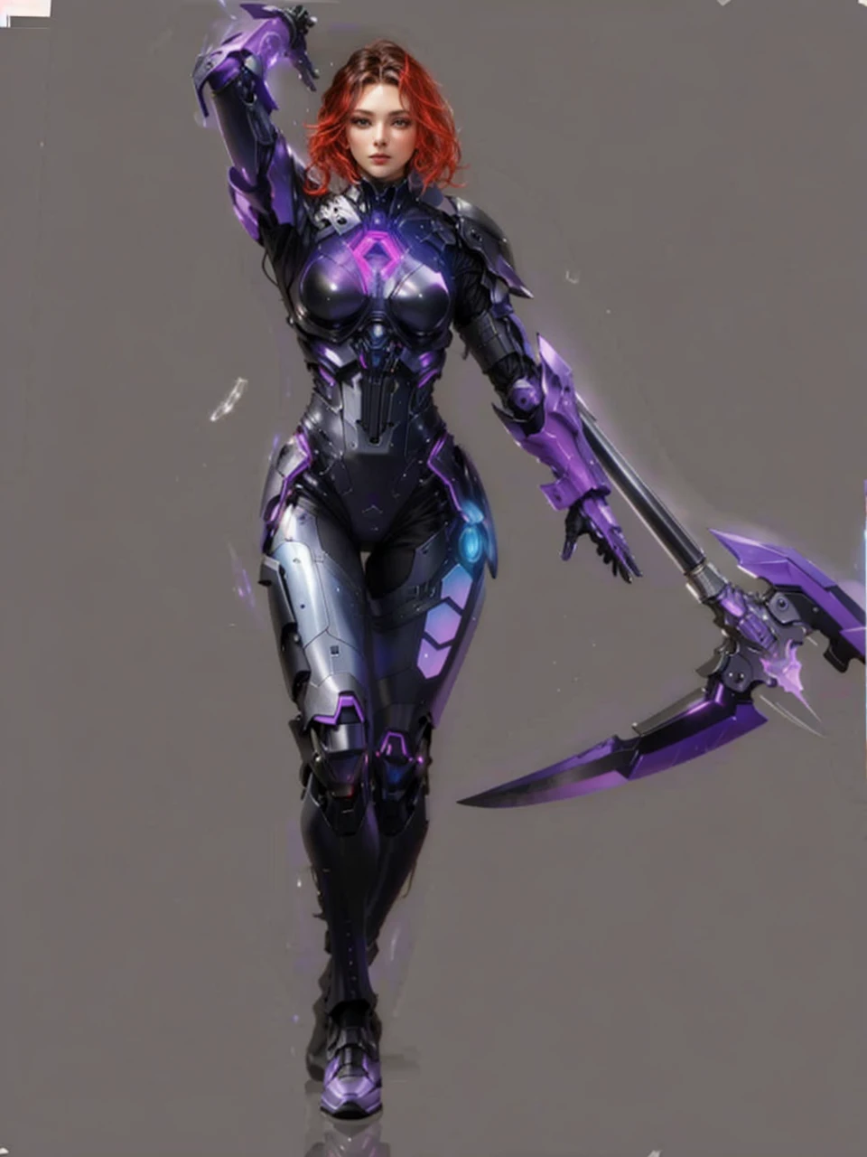 The image shows a young woman with a futuristic and high-tech look, dressed in a tight-fitting suit that appears to be a mix between armor and combat clothing.
### Physical description:
- **Hair**: He has long dark hair, that falls loose on his shoulders.
- **face**: His expression is serious and focused, with a direct and confident look.
### Outfit Description:
- **It lasts**: He wears a tight black suit with purple and blue luminous details.. The suit appears to have advanced technological components integrated.
- **chest**: In the center of the chest is a luminous circular device that appears to be an energy source., surrounded by luminous patterns.
- **arms**: The arms are covered by the suit, with additional protections and purple luminous details.
- **legs**: The legs are covered by the same material as the suit., with luminous discs in blue and purple colors that decorate the side.
- **gloves**: He wears gloves that are part of the armor, with technological and protective details.
- **Boots**: Boots are an integral part of the suit, with a robust design and luminous details that match the rest of the outfit.
### weapon:
- **axe**: He holds a large ax in his right hand, which has a sharp blade and luminous purple details. The ax design is futuristic, with an appearance that suggests high technology and power.
### POSTURE:
- **hands**: His right hand holds the raised ax, while the left one is relaxed next to your body.
- **body**: Stands with a firm and confident posture, projecting strength and determination.
### General appearance:
The young woman projects an image of power and advanced technology, with a suit that combines protection and functionality in an elegant and futuristic design. The luminous details and powerful weapon reinforce the idea that it is equipped for combat in an advanced and possibly dangerous environment..