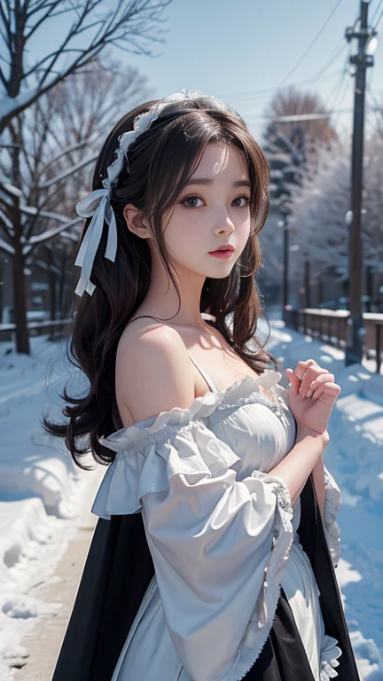 8k, 最high quality, masterpiece, Photo Real, Hide your face with happiness, black lolita outfit, race, Aerith Gainsborough, whole body, underwear, Exposed bare shoulders, outside, outside, Snow covered, Cape, high quality, Adobe Lightroom, Highly detailed skin, View your viewers,
