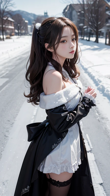 8k, 最high quality, masterpiece, Photo Real, Hide your face with happiness, black lolita outfit, race, Aerith Gainsborough, whole body, underwear, Exposed bare shoulders, outside, outside, Snow covered, Cape, high quality, Adobe Lightroom, Highly detailed skin, View your viewers,