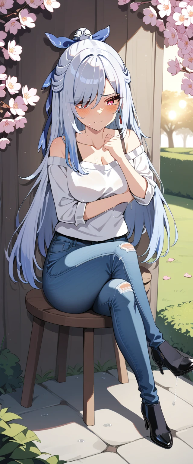 (masterpiece:1.37), best quality, (extremely detailed:1.37), (1girl:1.5), woman, (mature:1.5), (adult:1.5), jingliu, white hair, long hair, ponytail, hair ribbon, red eyes, earrings, jewelry, (jeans:1.25), (extremely detailed eyes:1.37), (wetting self:2.0), desperation, (standing:1.5), embarrassed, humiliation, blushing, angry, cherry blossoms, garden, (golden hour:1.5), full body, (crossing legs:1.5), from above