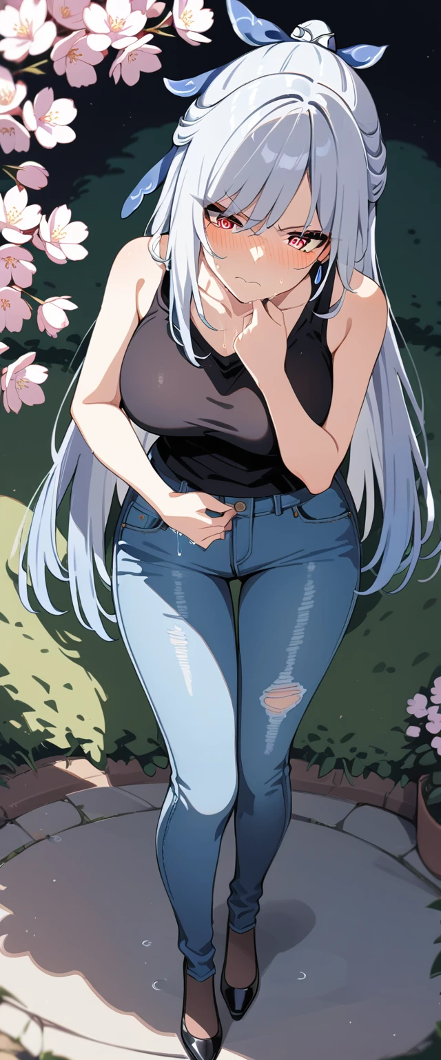 (masterpiece:1.37), best quality, (extremely detailed:1.37), (1girl:1.5), woman, (mature:1.5), (adult:1.5), jingliu, white hair, long hair, ponytail, hair ribbon, red eyes, earrings, jewelry, (jeans:1.25), (extremely detailed eyes:1.37), (wetting self:2.0), desperation, (standing:1.5), embarrassed, humiliation, blushing, angry, cherry blossoms, garden, (golden hour:1.5), full body, (crossing legs:1.5), from above