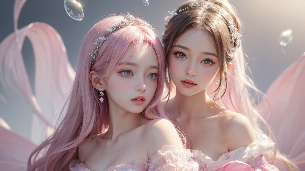 ((masterpiece)). This work is dreamy and fantastical., Soft pink watercolor shades. Generates delicate magical women exploring the bubble gum world in a variety of pastel colors. Her sweet face is extremely detailed and realistic with elegant, Mature features, Puffy, Big lips and stunning, Extremely realistic eyes. Her eyes are important、Be realistic, Very detailed, And it&#39;s beautiful. High resolution and detail, Include many details like stars, Milky Way, Colorful bubbles, Colorful petals, And a lot of energy and emotion! Stars and colorful bubblegum bubbles are important! Include fantasy details, Enhanced Details, iris, Colorful sparkling wind, And pollen. Pay special attention to her face、Make sure it&#39;s beautiful and realistic in detail。. The image is dreamy、It has to be fantastical..8k, Complex, elegant, Very detailed, Majestic, Digital photography