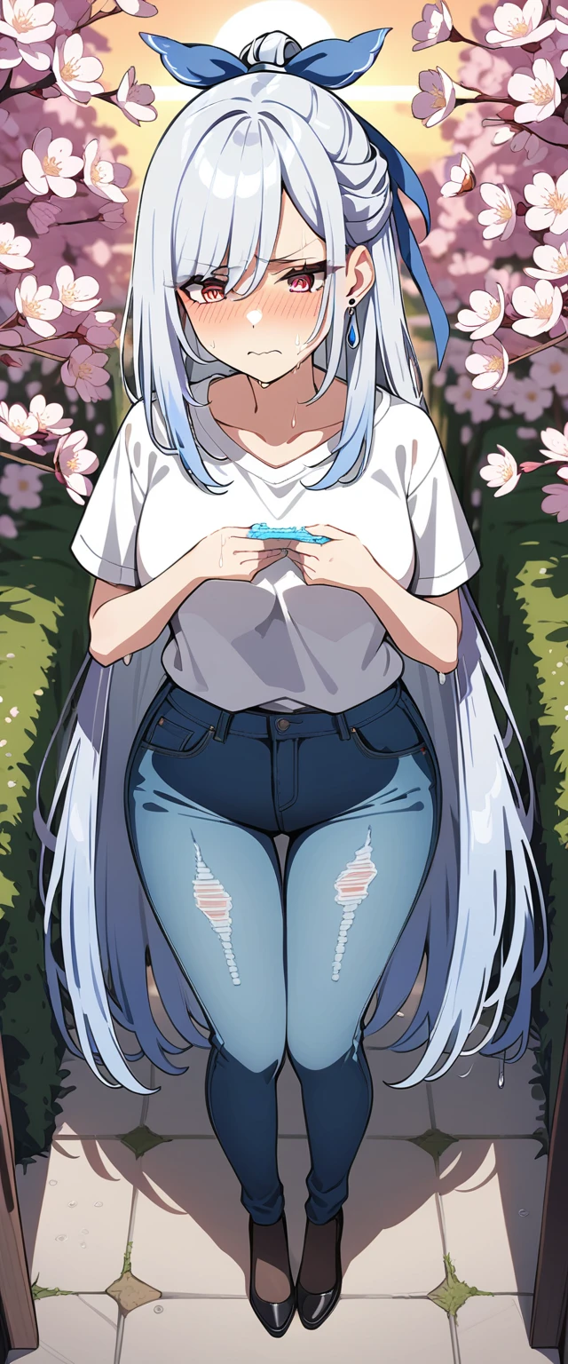 (masterpiece:1.37), best quality, (extremely detailed:1.37), (1girl:1.5), woman, (mature:1.5), (adult:1.5), jingliu, white hair, long hair, ponytail, hair ribbon, red eyes, earrings, jewelry, (jeans:1.25), (extremely detailed eyes:1.37), (wetting self:2.0), desperation, (standing:1.5), embarrassed, humiliation, blushing, angry, cherry blossoms, garden, (golden hour:1.5), full body, (crossing legs:1.5), from above