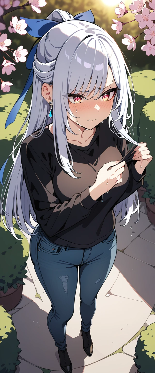 (masterpiece:1.37), best quality, (extremely detailed:1.37), (1girl:1.5), woman, (mature:1.5), (adult:1.5), jingliu, white hair, long hair, ponytail, hair ribbon, red eyes, earrings, jewelry, (jeans:1.25), (extremely detailed eyes:1.37), (wetting self:2.0), desperation, (standing:1.5), embarrassed, humiliation, blushing, angry, cherry blossoms, garden, (golden hour:1.5), full body, (crossing legs:1.5), from above