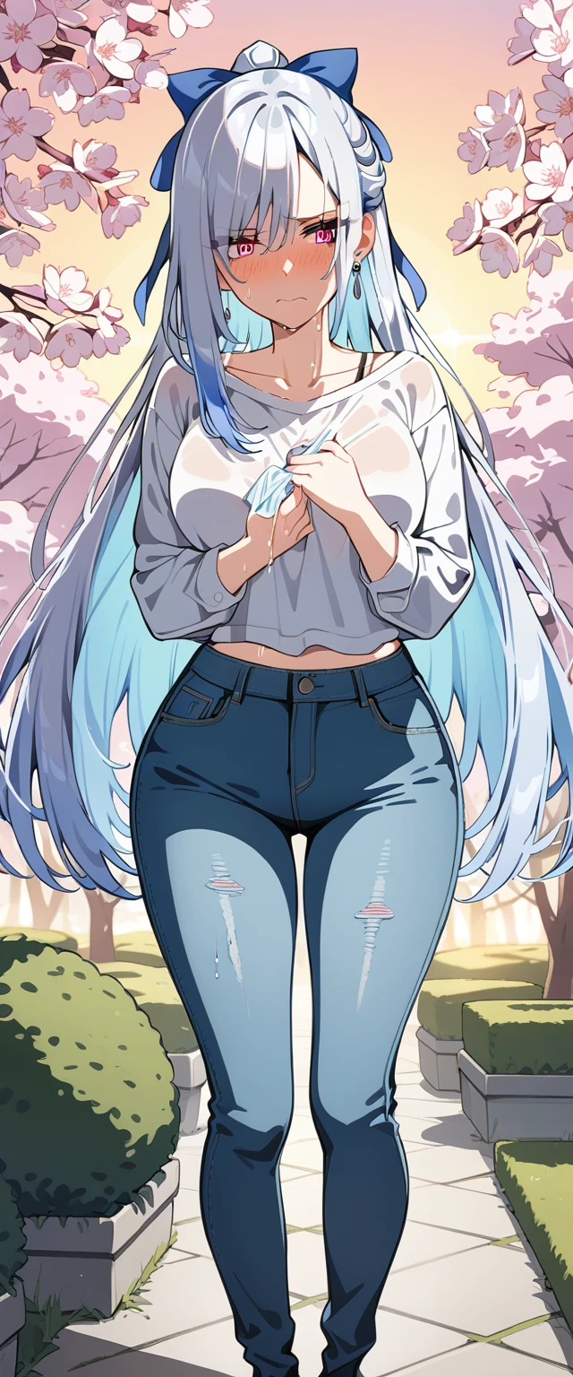 (masterpiece:1.37), best quality, (extremely detailed:1.37), (1girl:1.5), woman, (mature:1.5), (adult:1.5), jingliu, white hair, long hair, ponytail, hair ribbon, red eyes, earrings, jewelry, (jeans:1.25), (extremely detailed eyes:1.37), (wetting self:2.0), desperation, (standing:1.5), embarrassed, humiliation, blushing, angry, cherry blossoms, garden, (golden hour:1.5), full body, (crossing legs:1.5), from above