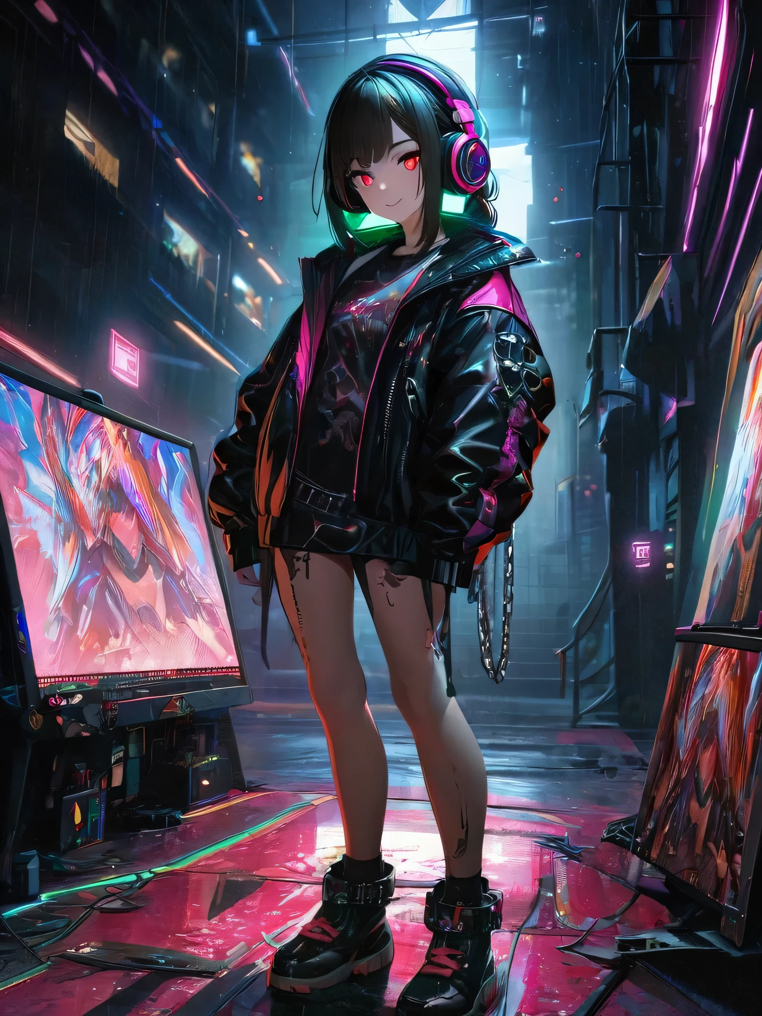 1 girl, chromatic aberration, Written boundary depth, Soft Light, masterpiece, Highest quality, complicated, Tone Mapping, Very detailed, Art Station, Concept Art, Smooth, Clear focus, Dramatic lighting, Very detailed artwork, movie, super practical painting, Art Station's trending, 8k, Incredible Shadows, practical, (Very detailed background:1.0), whole body, View, Viewers, Very detailed portrait of one girl 1, standing on street corner, Heavy rain and lightning、Dark Sky, neon and cyber punk background, she is dressed in punk clothing with silver chains and silver spikes, Her hair was dyed a bright black color.,The middle part is black, She is wearing headphones, Detailed red eyes with clear pupils, Ominous aura of light, smile, punk, ciber punk, Backlight.Her hair is neatly tied up.、Announcer talking about horses'tail、Glamorous expression