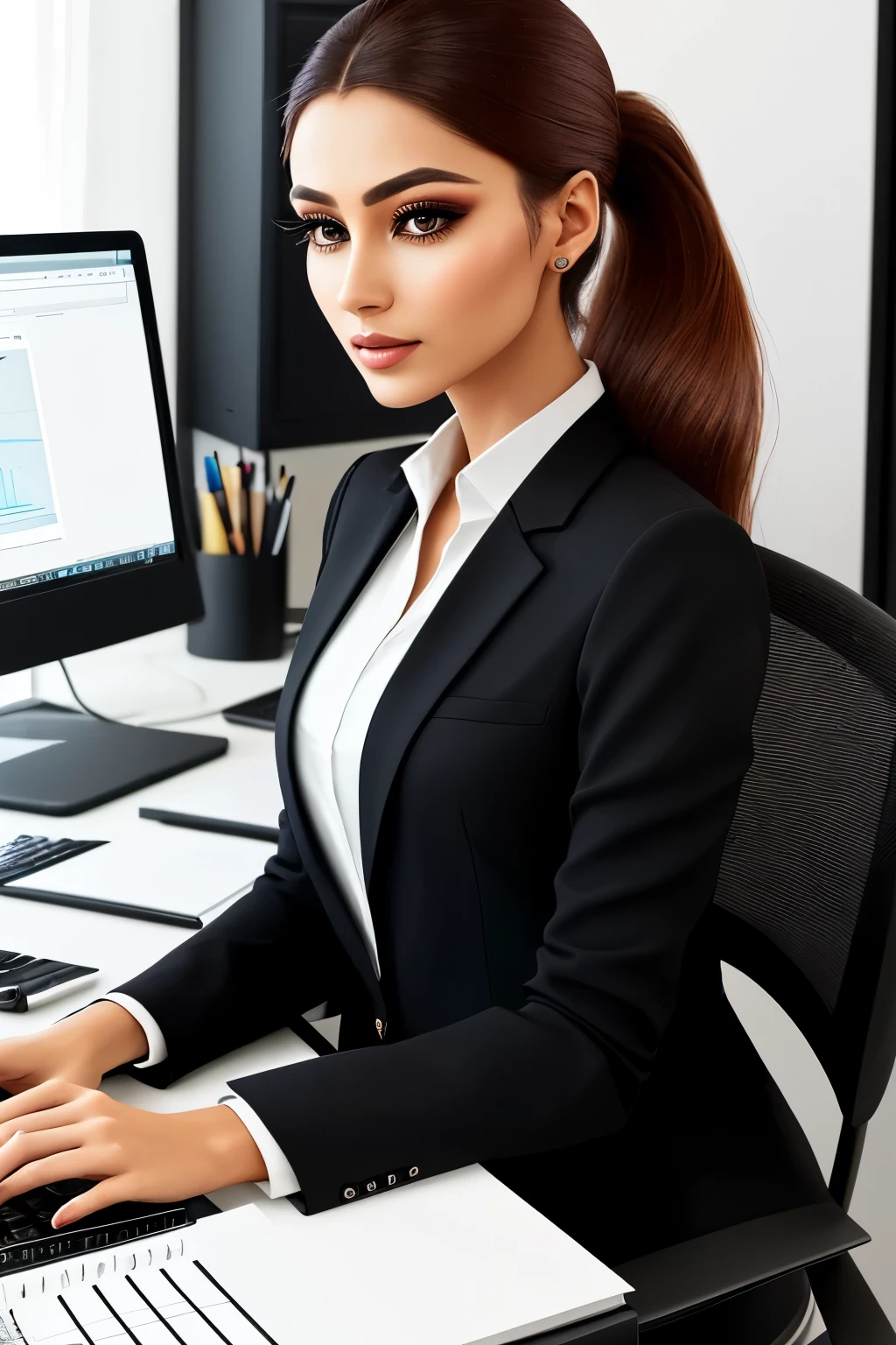 In the heart of a contemporary digital arts office, a captivating woman takes center stage. She's seated at her desk, surrounded by an array of notebooks and meticulously organized computer accessories. Her attire is a blend of professionalism and elegance, adorned with a chic blazer and matching trousers. Her hair, a cascade of chestnut waves, is pulled back into a sleek ponytail, emphasizing her high cheekbones and her delicate nose. Her deep-set eyes, framed by thick lashes, sparkle with intelligence and creativity as they gaze intently at the computer screen. The background is a harmonious blend of minimalistic decor and artistic elements,