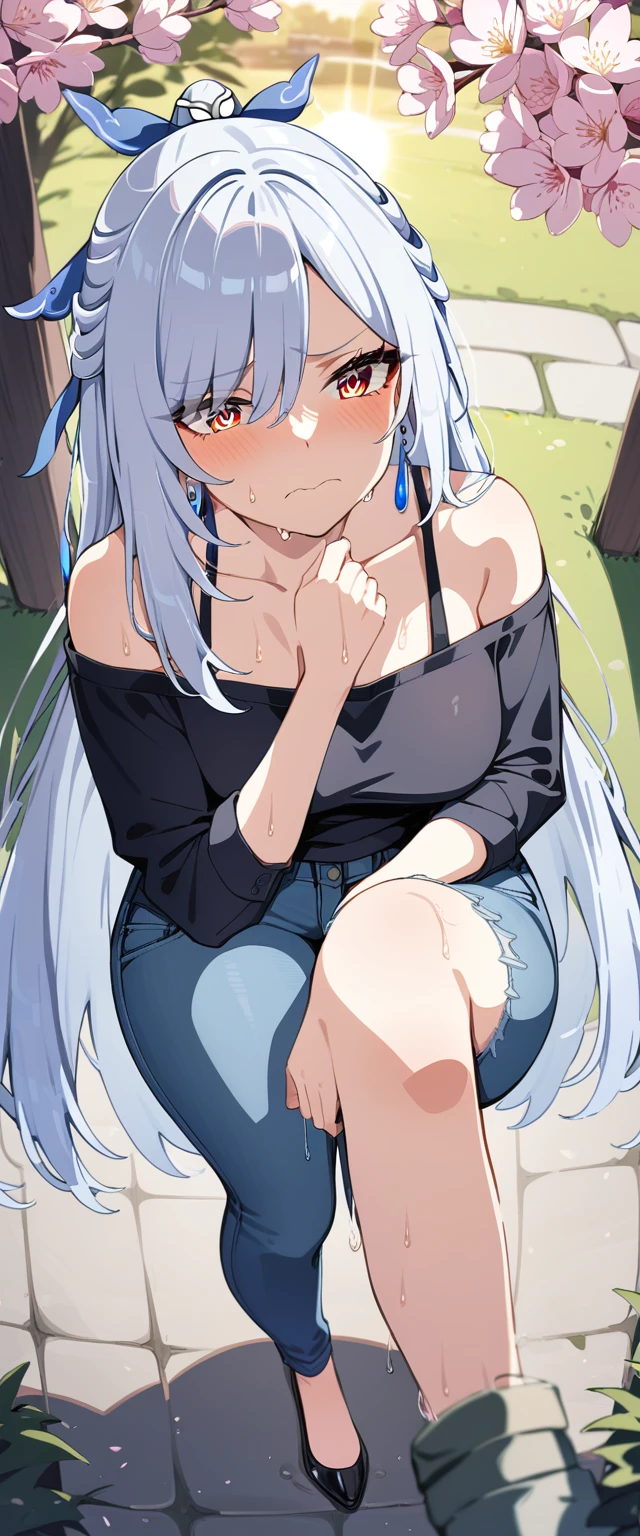 (masterpiece:1.37), best quality, (extremely detailed:1.37), (1girl:1.5), woman, (mature:1.5), (adult:1.5), jingliu, white hair, long hair, ponytail, hair ribbon, red eyes, earrings, jewelry, (jeans:1.25), (extremely detailed eyes:1.37), (wetting self:2.0), desperation, (standing:1.5), embarrassed, humiliation, blushing, angry, cherry blossoms, garden, (golden hour:1.5), full body, (crossing legs:1.5), from above