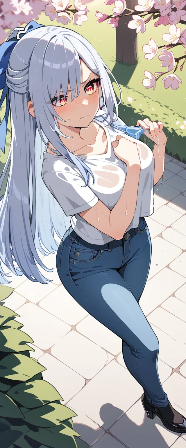 (masterpiece:1.37), best quality, (extremely detailed:1.37), (1girl:1.5), woman, (mature:1.5), (adult:1.5), jingliu, white hair, long hair, ponytail, hair ribbon, red eyes, earrings, jewelry, (jeans:1.25), (extremely detailed eyes:1.37), (wetting self:2.0), desperation, (standing:1.5), embarrassed, humiliation, blushing, angry, cherry blossoms, garden, (golden hour:1.5), full body, (crossing legs:1.5), from above