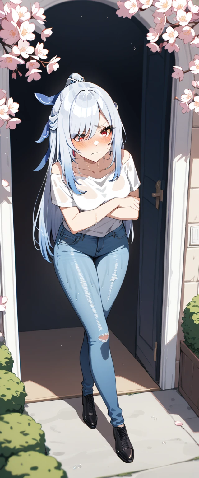 (masterpiece:1.37), best quality, (extremely detailed:1.37), (1girl:1.5), woman, (mature:1.5), (adult:1.5), jingliu, white hair, long hair, ponytail, hair ribbon, red eyes, earrings, jewelry, (jeans:1.25), (extremely detailed eyes:1.37), (wetting self:2.0), desperation, (standing:1.5), embarrassed, humiliation, blushing, angry, cherry blossoms, garden, (golden hour:1.5), full body, (crossing legs:1.5), from above
