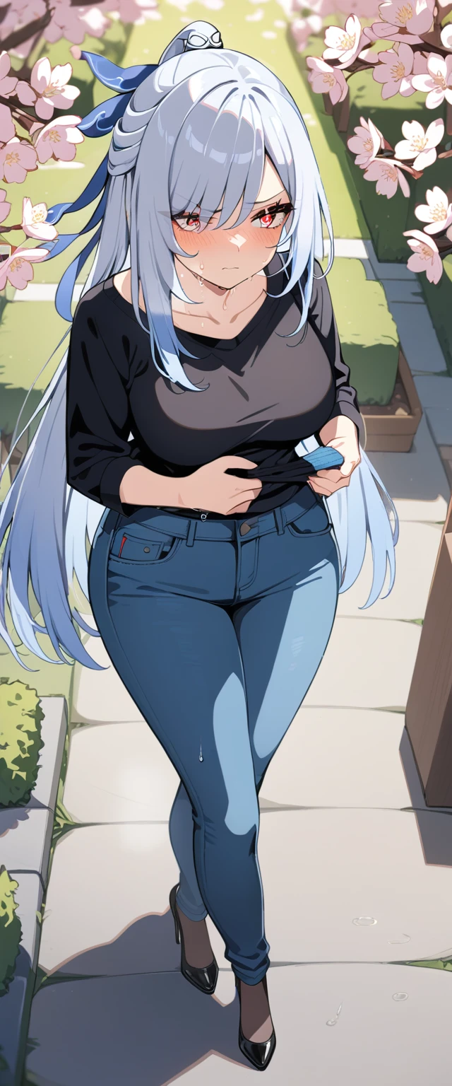 (masterpiece:1.37), best quality, (extremely detailed:1.37), (1girl:1.5), woman, (mature:1.5), (adult:1.5), jingliu, white hair, long hair, ponytail, hair ribbon, red eyes, earrings, jewelry, (jeans:1.25), (extremely detailed eyes:1.37), (wetting self:2.0), desperation, (standing:1.5), embarrassed, humiliation, blushing, angry, cherry blossoms, garden, (golden hour:1.5), full body, (crossing legs:1.5), from above
