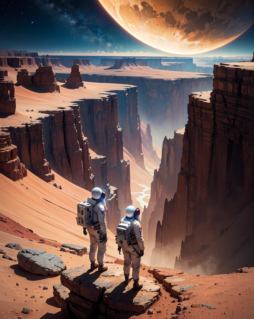 An astronaut stands at the edge of an imposing canyon on Mars, looking into the abyss that stretches out before him. The scene is set at night, illuminated by the stars and the faint glow of the planet. The canyon, with its steep and rugged walls, appears insurmountable, and the astronaut, in his spacesuit, screams into the void, expressing a mix of wonder and frustration. The Martian landscape is dotted with rocks and shadows, creating an atmosphere of mystery and challenge.