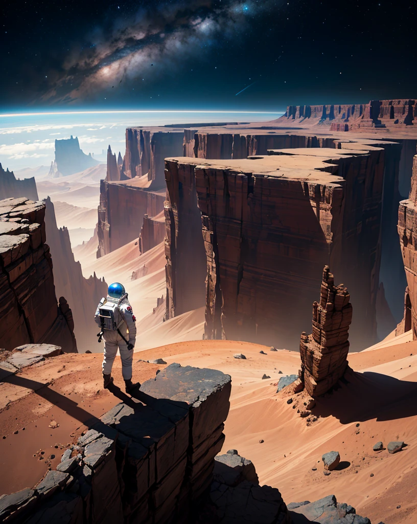 An astronaut stands at the edge of an imposing canyon on Mars, looking into the abyss that stretches out before him. The scene is set at night, illuminated by the stars and the faint glow of the planet. The canyon, with its steep and rugged walls, appears insurmountable, and the astronaut, in his spacesuit, screams into the void, expressing a mix of wonder and frustration. The Martian landscape is dotted with rocks and shadows, creating an atmosphere of mystery and challenge.
