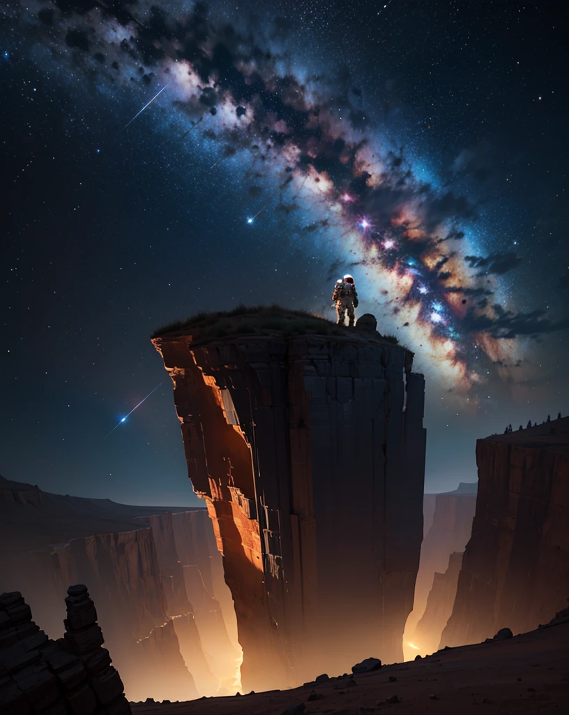 An astronaut stands at the edge of an imposing canyon on Mars, looking into the abyss that stretches out before him. The scene is set at night, illuminated by the stars and the faint glow of the planet. The canyon, with its steep and rugged walls, appears insurmountable, and the astronaut, in his spacesuit, screams into the void, expressing a mix of wonder and frustration. The Martian landscape is dotted with rocks and shadows, creating an atmosphere of mystery and challenge.