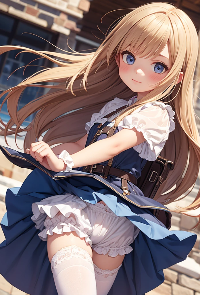 10 year old girl underwear, Realistic bloomers made from patterned cotton fabric, Medieval one-piece dress with panniers, Fabric Realism, Low - Angle, I see bloomers, Pull up the dress by hand, Strong winds, Translucent slip, Translucent slip, tights, Highest quality, Crotch close-up, whole body