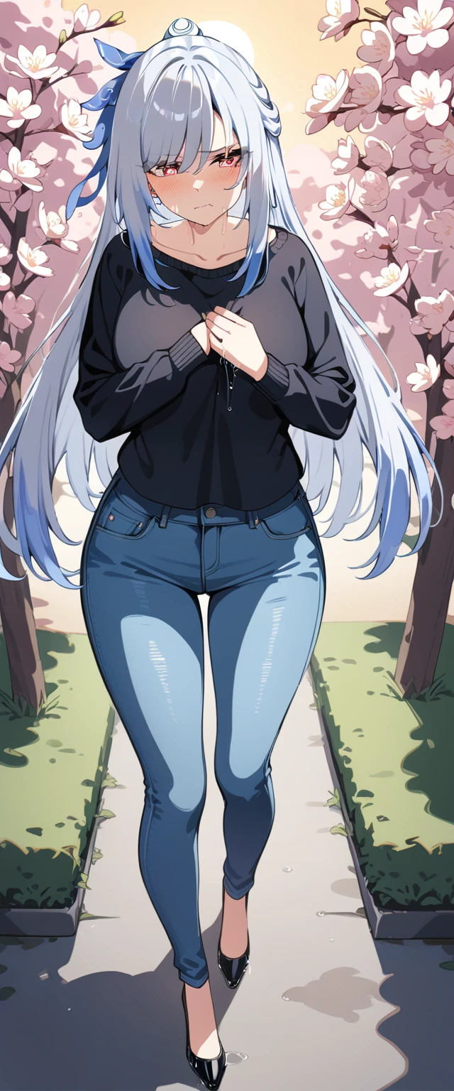 (masterpiece:1.37), best quality, (extremely detailed:1.37), (1girl:1.5), woman, (mature:1.5), (adult:1.5), jingliu, white hair, long hair, ponytail, hair ribbon, red eyes, earrings, jewelry, (jeans:1.25), (extremely detailed eyes:1.37), (wetting self:2.0), desperation, (standing:1.5), embarrassed, humiliation, blushing, angry, cherry blossoms, garden, (golden hour:1.5), full body, (crossing legs:1.5), from above