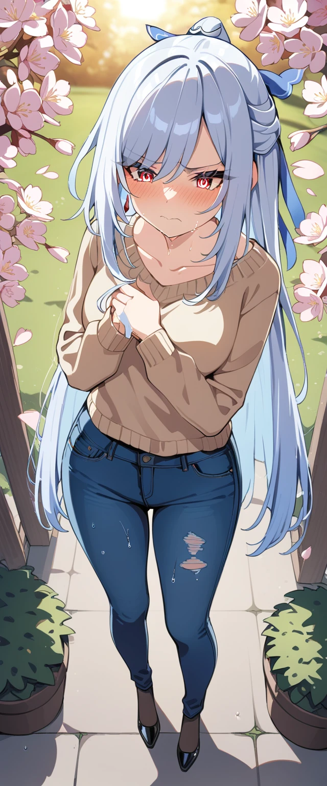 (masterpiece:1.37), best quality, (extremely detailed:1.37), (1girl:1.5), woman, (mature:1.5), (adult:1.5), jingliu, white hair, long hair, ponytail, hair ribbon, red eyes, earrings, jewelry, (jeans:1.25), (extremely detailed eyes:1.37), (wetting self:2.0), desperation, (standing:1.5), embarrassed, humiliation, blushing, angry, cherry blossoms, garden, (golden hour:1.5), full body, (crossing legs:1.5), from above