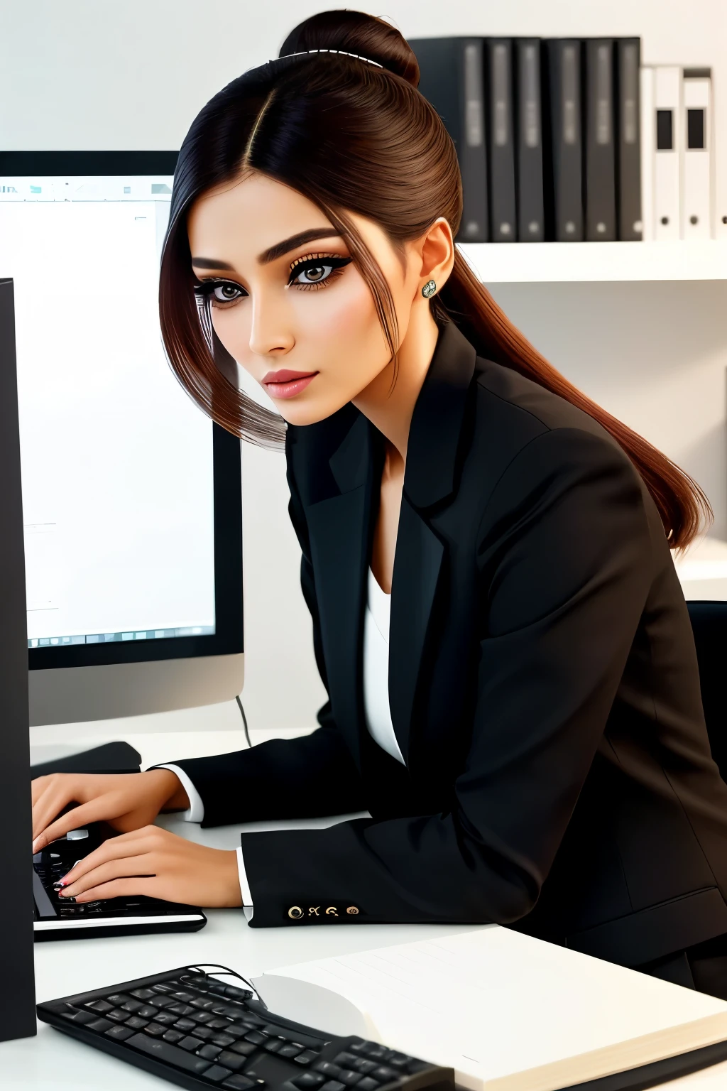 In the heart of a contemporary digital arts office, a captivating woman takes center stage. She's seated at her desk, surrounded by an array of notebooks and meticulously organized computer accessories. Her attire is a blend of professionalism and elegance, adorned with a chic blazer and matching trousers. Her hair, a cascade of chestnut waves, is pulled back into a sleek ponytail, emphasizing her high cheekbones and her delicate nose. Her deep-set eyes, framed by thick lashes, sparkle with intelligence and creativity as they gaze intently at the computer screen. The background is a harmonious blend of minimalistic decor and artistic elements,