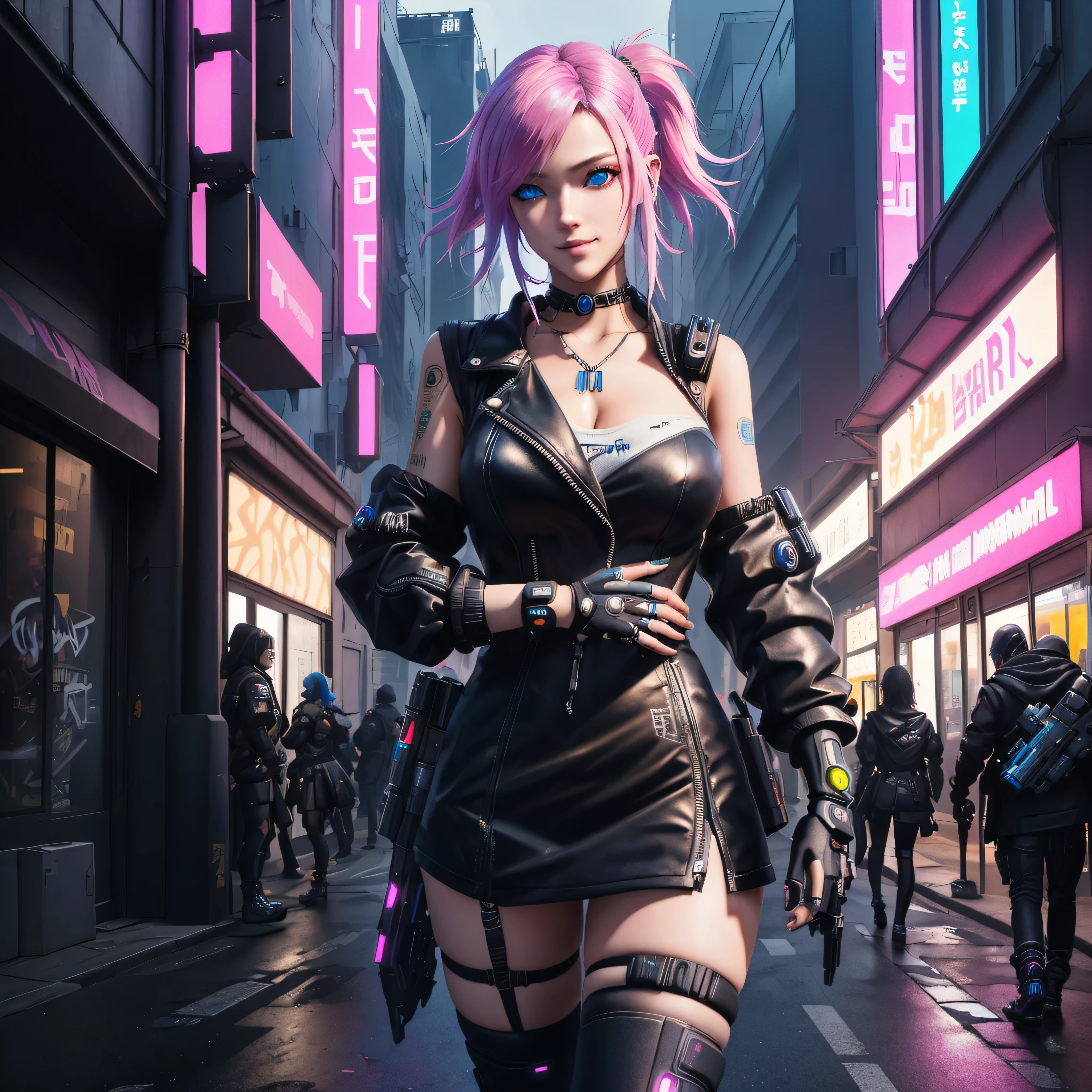 anime girl dans une tenue noire et des bas marchant dans une rue, female fille animée cyberpunk, fille animée cyberpunk, dans la ville cyberpunk, Anime dur à cuire 8 K, art animé cyberpunk numérique, fille cyberpunk, oppaï cyberpunk, cyberpunk numérique - art anime, dreamy fille cyberpunk, art du personnage de rendu 3D 8 k, Cyberpunk 2 0 ans. Ô fille modèle, art cyberpunk animé, smile, beautiful blue eyes