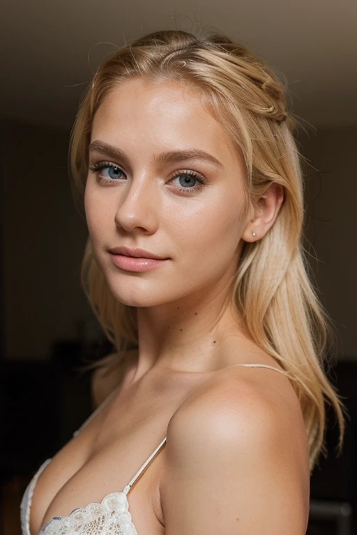 Pretty beautiful 21 year old blonde girl, posing for a business coach instagram profile picture, profile look, ultra-textured skin