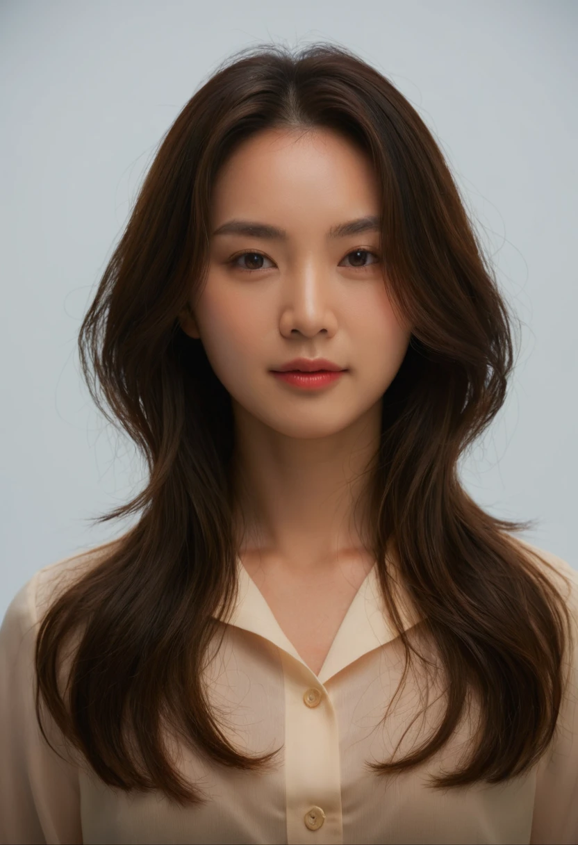 Best Quality, 8k, Masterpiece, (Portrait: 1.3), (photo realistic:1.4), (hyper realistic:1.4), Sharp Focus, looking at viewer, (smoother lighting:1.1), (increase cinematic lighting quality:0.9), realistic lighting, backlighting, light on face, ray trace, (brightening light:1.2), (Increase quality:1.4), sharp detail, (best quality real texture skin:1.4), finely detailed eyes, black_eyes, finely detailed face, 25 year old Korean woman, (white formal_shirt:1.4), (Create an image maintaining the original base model hairstyle:1.5)