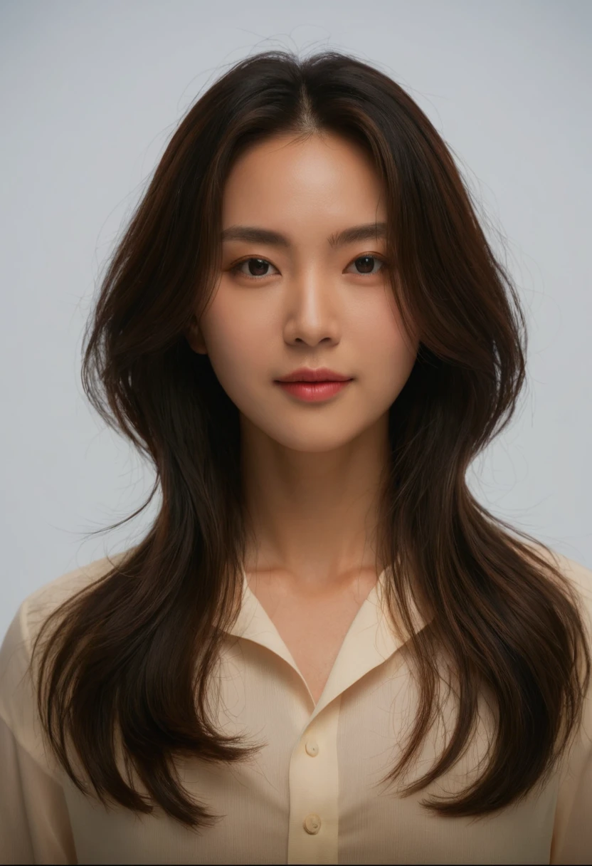 Best Quality, 8k, Masterpiece, (Portrait: 1.3), (photo realistic:1.4), (hyper realistic:1.4), Sharp Focus, looking at viewer, (smoother lighting:1.1), (increase cinematic lighting quality:0.9), realistic lighting, backlighting, light on face, ray trace, (brightening light:1.2), (Increase quality:1.4), sharp detail, (best quality real texture skin:1.4), finely detailed eyes, black_eyes, finely detailed face, 25 year old Korean woman, (white formal_shirt:1.4), (Create an image maintaining the original base model hairstyle:1.5)